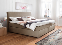 Meise Möbel Boxspringbett Lenno 200 x 200 cm | Hugo Beige | Kopfteil mit 3-Punkt-Steppung | Holzfüße eichefarbig