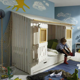 Infanskids Abenteuerbett Beach-Hütte Kiefer massiv weiß laugenfarbig abgesetzt 90 x 200 cm Spielbett 