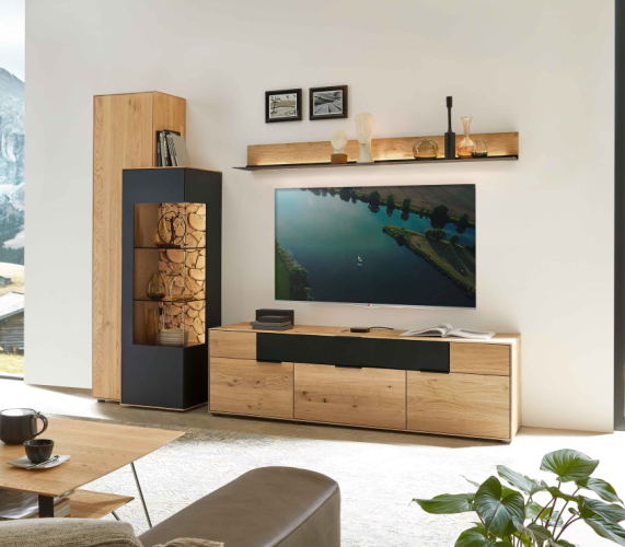 Wöstmann WM2140 Highboard 5443 Anschlag links | Kaminholz massiv | Mit Beleuchtung & Schalter